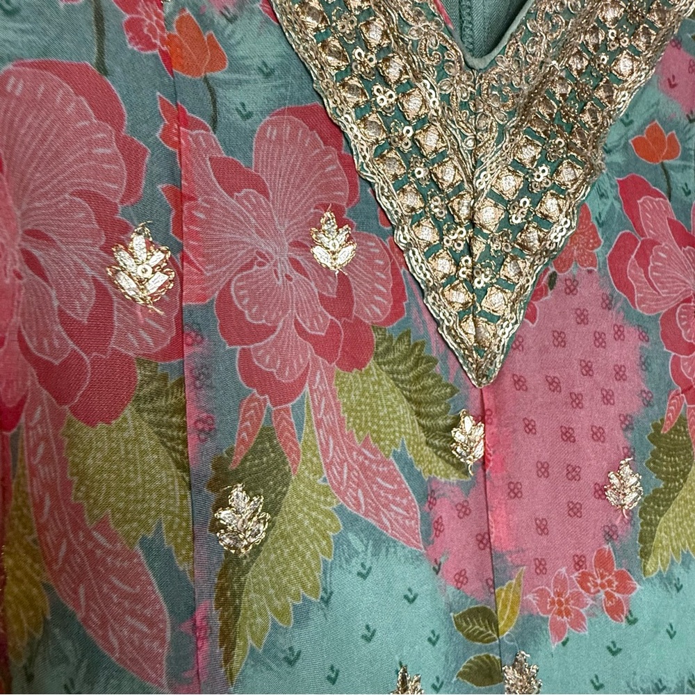 Embellished floral Indian Tunic Dress Boho Kurti Anarkali teal pink metallic - Picture 5 of 8